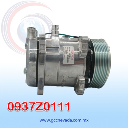 [0937Z0111] COMPRESOR 507 STD R-134-A 8 OREJAS TOMA VERTICAL O-RING 8PK 123MM 24V SD5H11 NEVADA ASIA